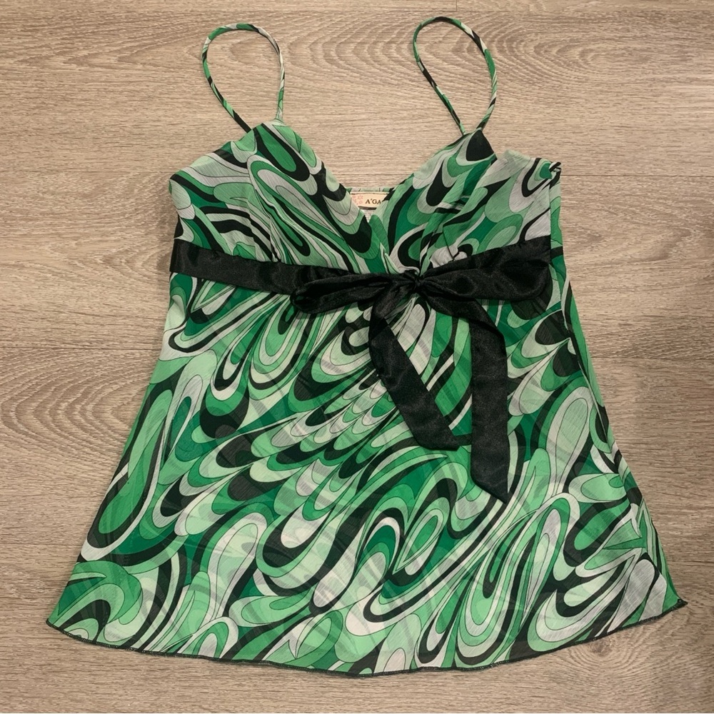 Vintage A'gaci Green & Black Y2K Camisole Top Size L
